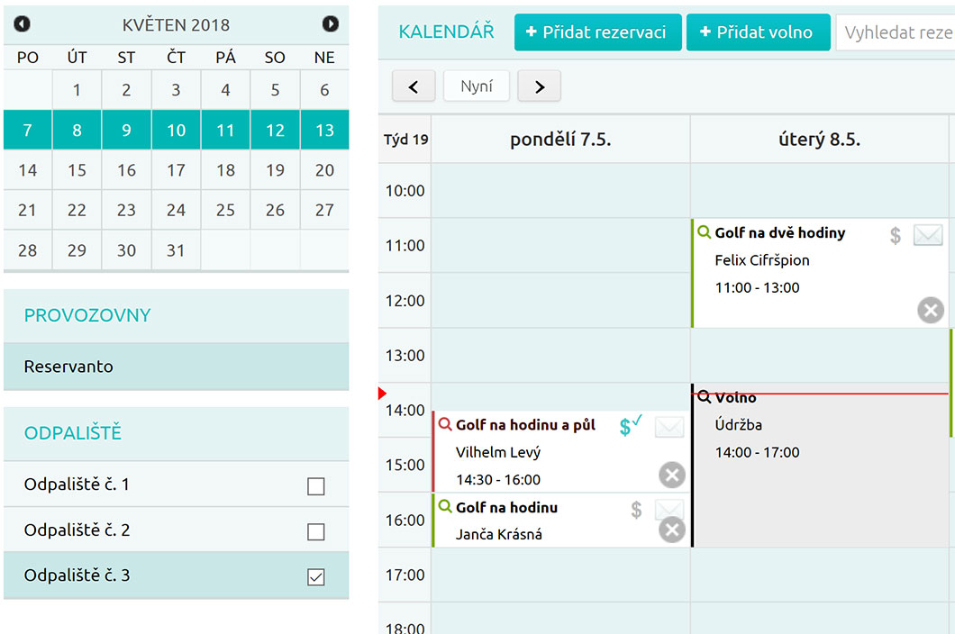 V kalendáři vidíte rezervace hráčů golfu.
