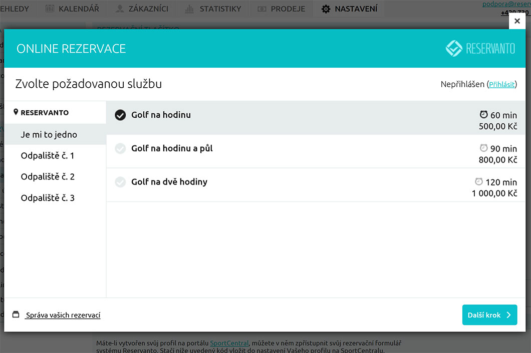 Váš zákazník si vybere z nabídky golfu a konkrétní odpaliště...