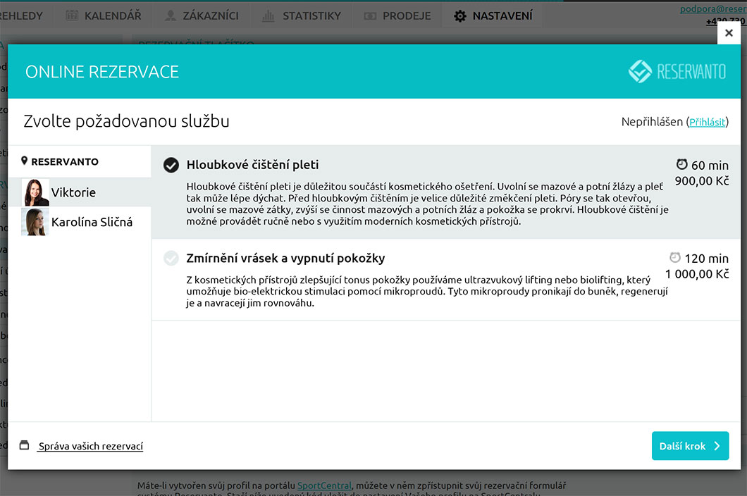 Zákazník si nejprve vybere z nabídky kosmetického ošetření a kosmetičku, u které chce být objednán.