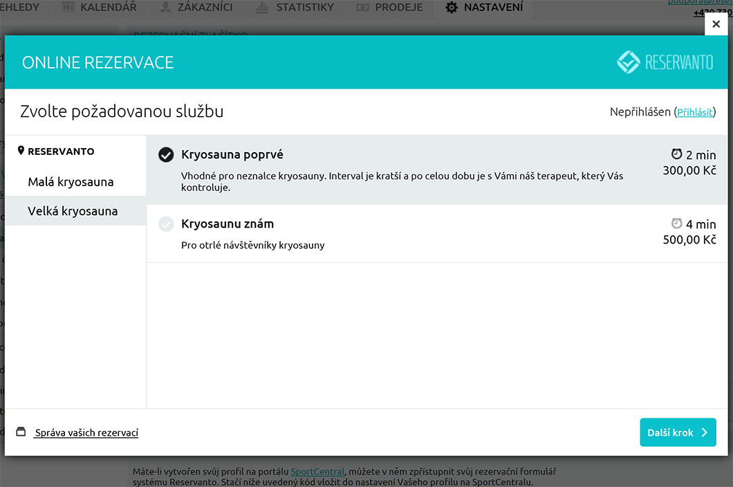 Váš zákazník si vybere službu a případně prostor pro saunování.