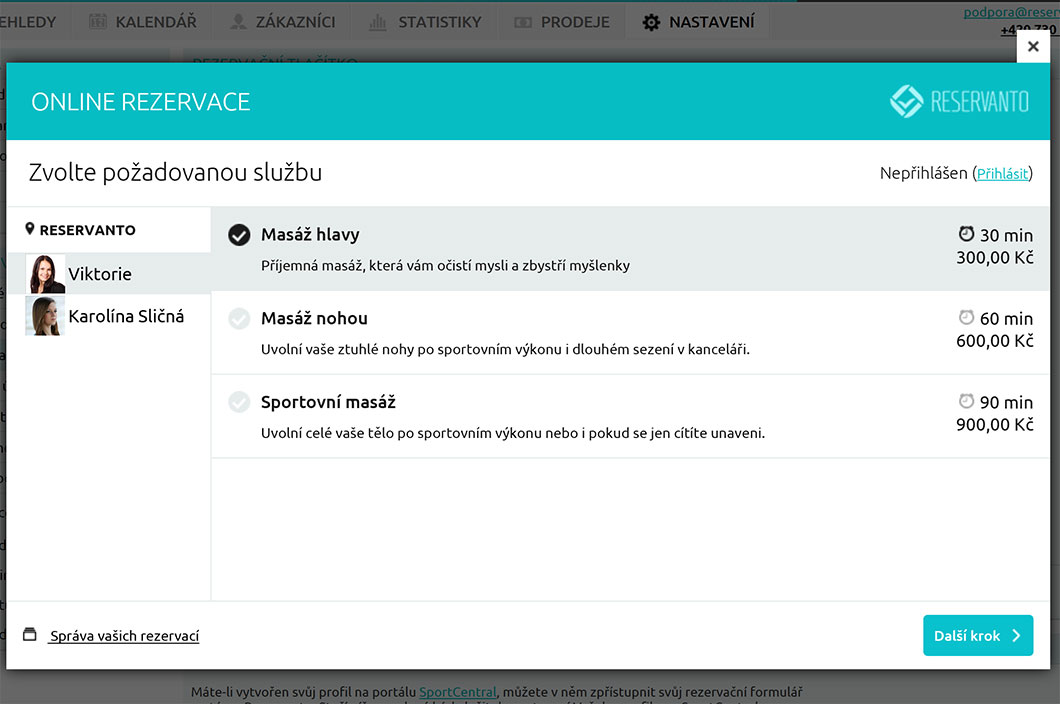 Zákazník vybírá nejprve z nabídky služeb a masérů.