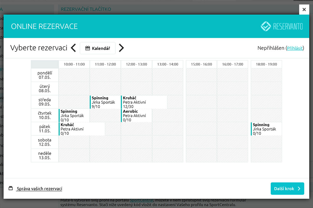 Zákazník si vybírá lekci v kalendáři.