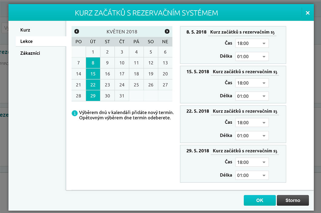 Kurz může mít více lekcí, každou v jiný termín.