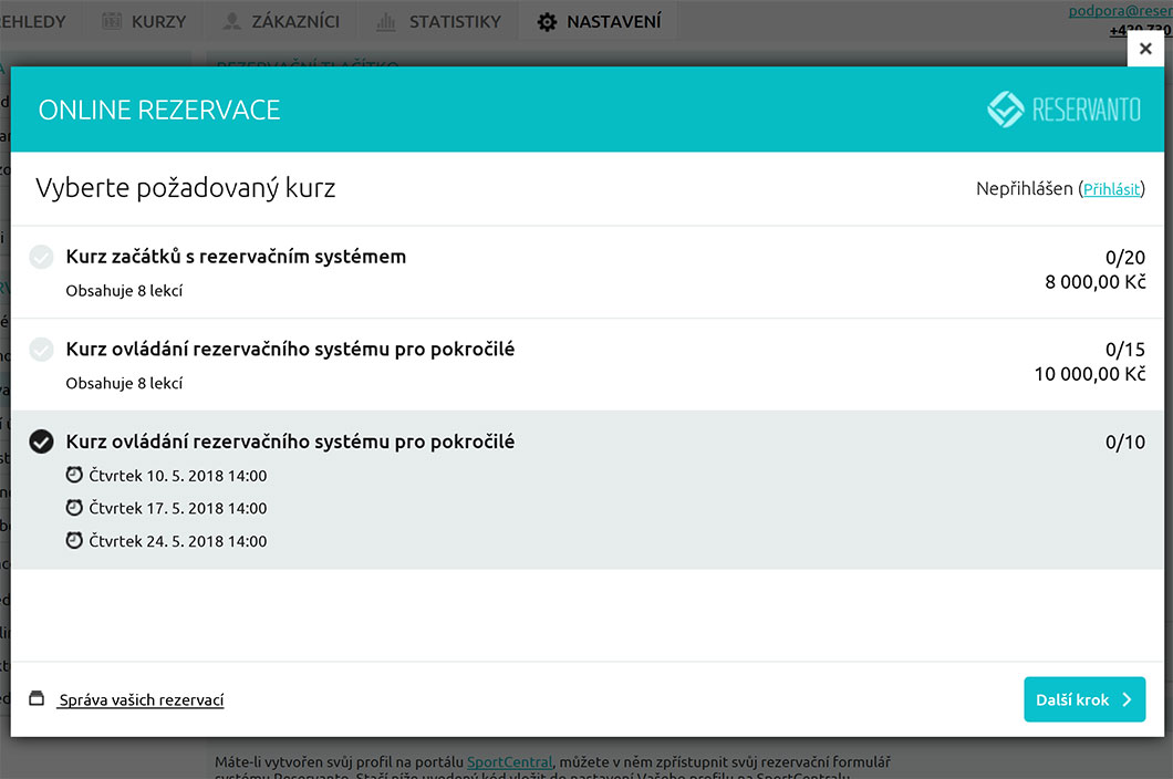 Zákazníci si vybírají kurzy ze seznamu.