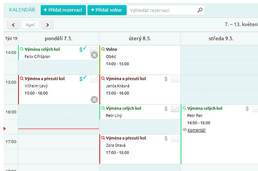 Takto vypadají rezervace služeb pneuservisu.