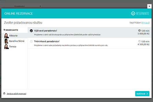 Zákazník nejprve zvolí službu a případně i poradce.