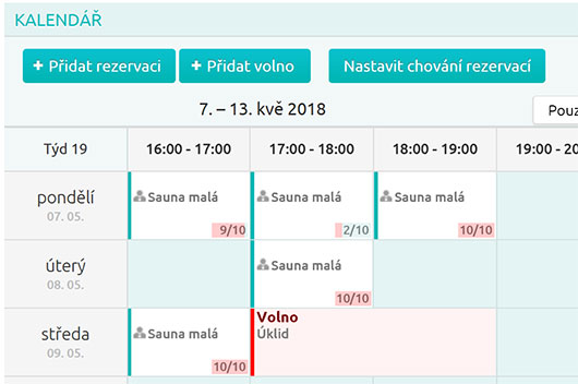 Takto vypadají rezervace prostor sauny v kalendáři.