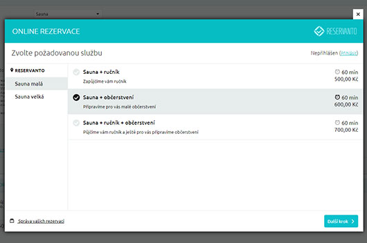 Zákazník nejprve vybírá z nabídky a prostor pro saunování.