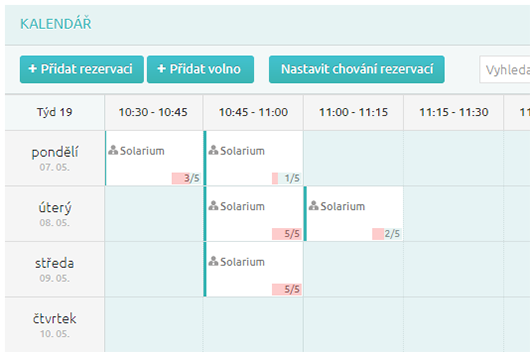 Takto vypadají rezervace solária v kalendáři.