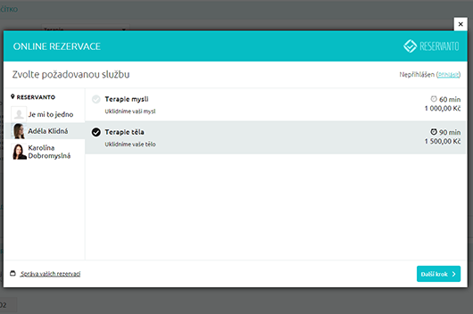 Zákazník nejprve zvolí typ terapie a případně i terapeuta.