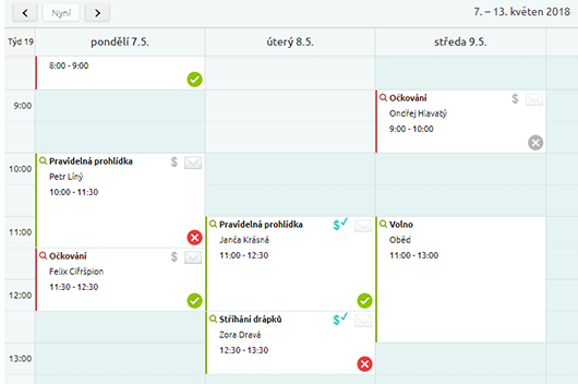 Takto vypadají rezervace služeb v kalendáři.