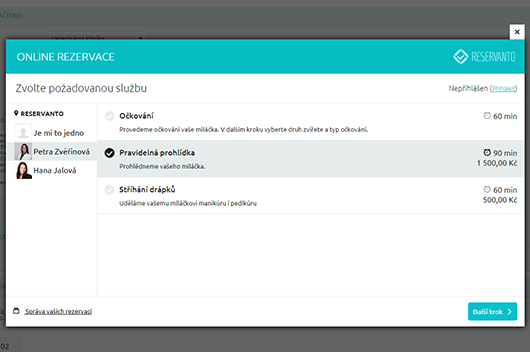 Zákazník nejprve zvolí typ návštěvy a případně i veterináře.